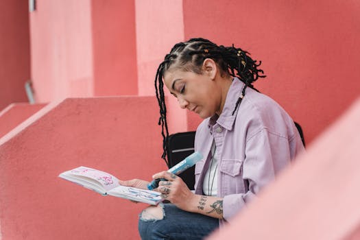 Femme avec des cheveux tressés dessinant dans un carnet de stylisme, assise devant un mur rose.