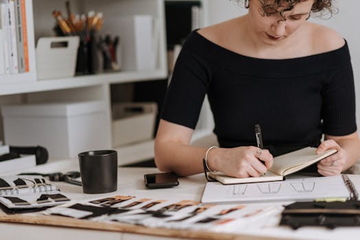 Femme écrivant dans un carnet de stylisme, entourée de croquis et d'outils de mode sur une table.