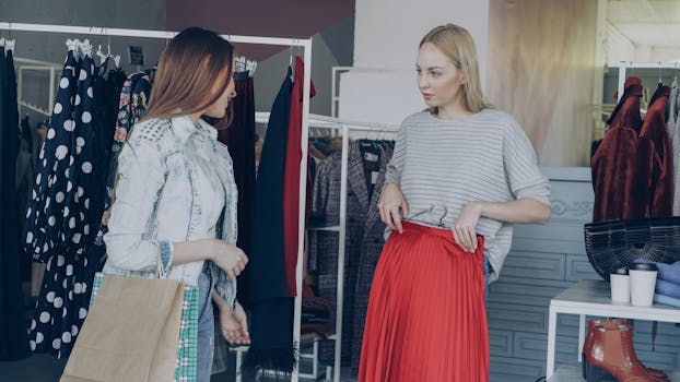 Deux femmes discutent dans une boutique de vêtements, l'une tenant une jupe rouge et l'autre portant un sac de shopping.
